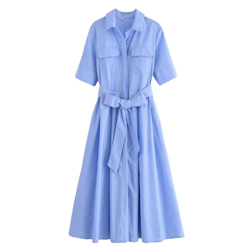 HH Women Summer Lapel Short Sleeve Pocket Single-Breasted Belt Decorate Midi Dress Female Fashion Shirt Style Pleated Dress — image 12