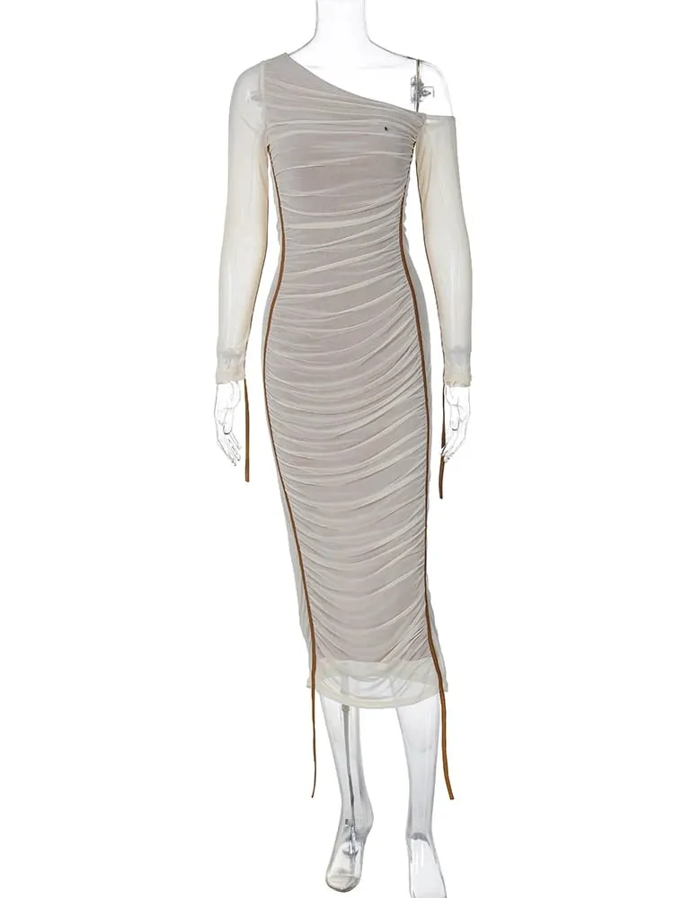 Hugcitar Mesh Solid Diagonal Collar Long Sleeve Draped Sexy See Through Bodycon Maxi Dress Summer Fashion Clothes Festival Club — image 7