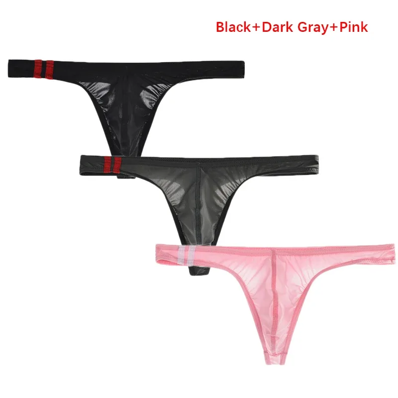 3Pcs/lot Sexy Underwear Men's T-Back Underpants Thongs G-String Ice Silk Breathable Male Bikini Panties U Convex Pouch Undies — image 30