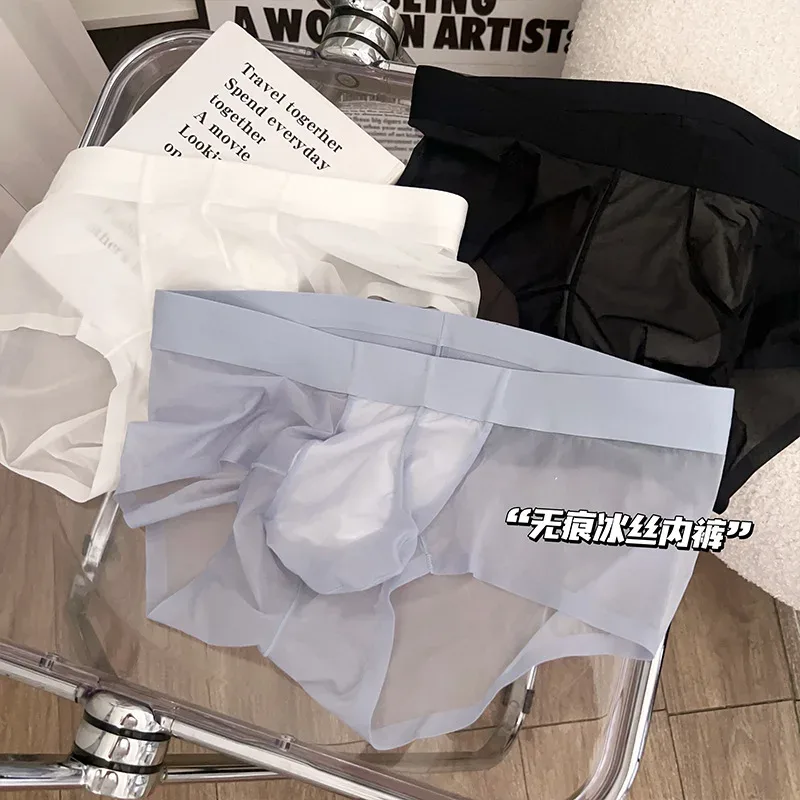 Transparente herren Slips Ultra-dünne Eis Seide Schnell Trocken Höschen Sexy U Ausbuchtung Beutel Mann Unterwäsche Atmungsaktive Unterhose cuecas