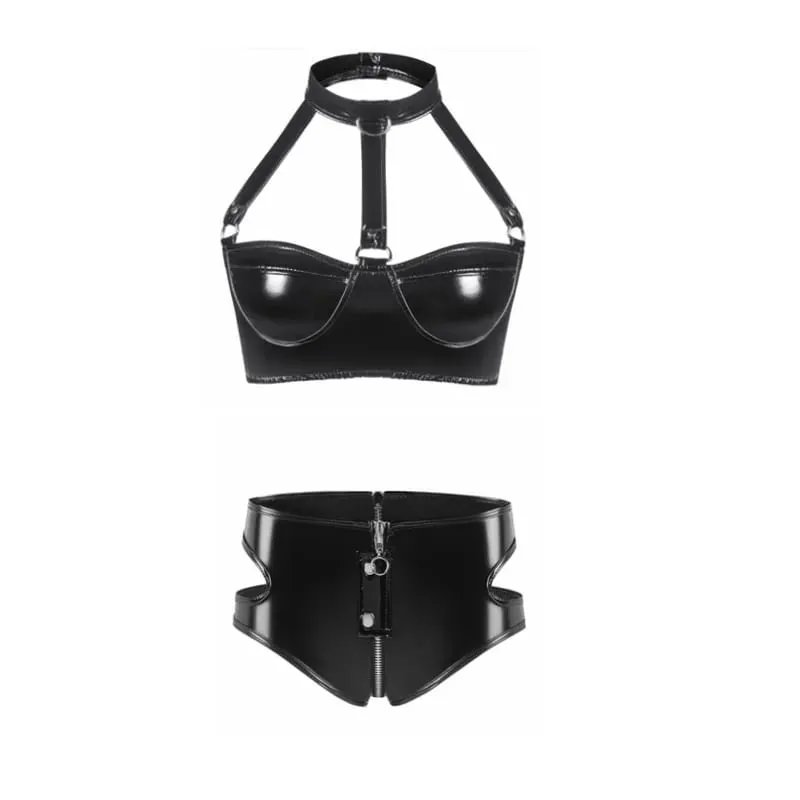 Womens Lingerie Intimates Underwear Set Rave Wet Look Patent Leather Wire-free No Padded Belly Bra Top with Zipper Panty Briefs