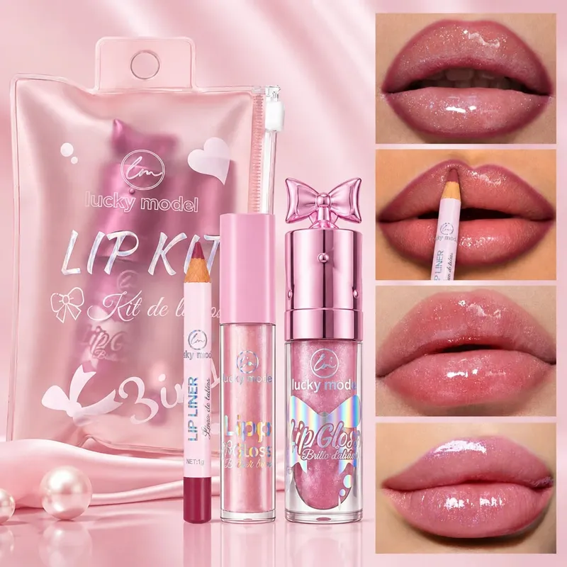 Lucky Model Lip Makeup Kit Lip Liner Pencil&Shimmer Lip Gloss Set Moisturizing Glitter Lip Gloss Long Wear Lip Line Pen — image 3