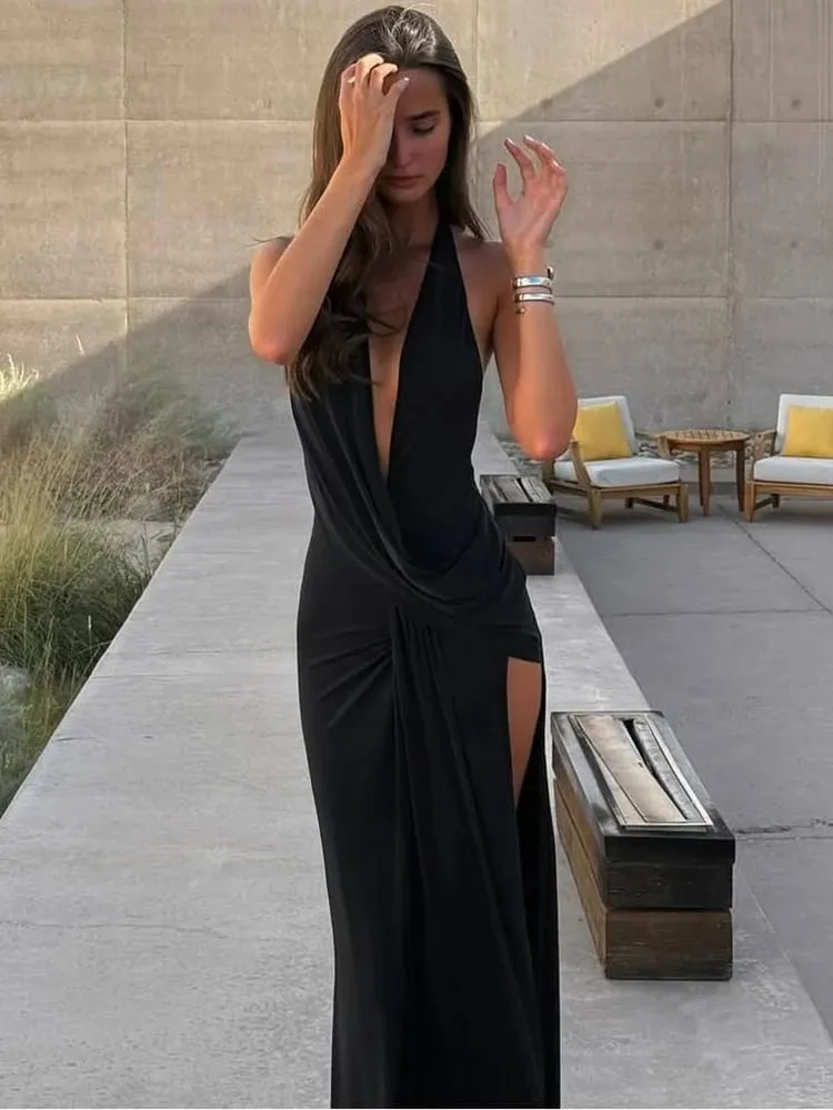 Cutenew 파티 간단한 여성 맥시 드레스 솔리드 트렌드 홀터 크로스 스윙 넥 백 레스 v 넥 하이 스플릿 Bodycon Mujer Vestidos