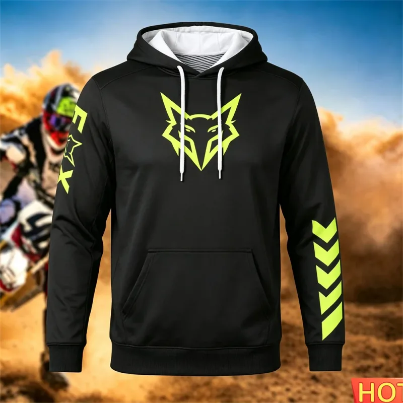 Sweat à capuche de course pour hommes, automne/hiver, cyclisme en plein air, pull à capuche, motif renard, poche, sport, moto, sweat-shirt à capuche