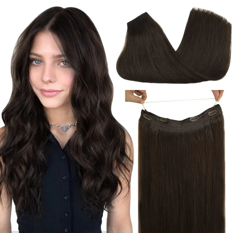 Sunmofavo Wire in Hair Extensions Human Hair Straight Fish Line Natural Fusion with 4 Clips Weft Hair Extensions For Women Daily