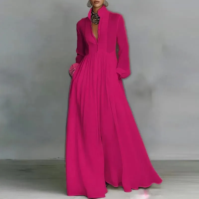 Robe longue française élégante, taille haute, balançoire, poches solides, plissée, Maxi, manches longues, boutons, robe de soirée, printemps, automne — image 9