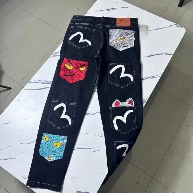 Męskie dżinsy Harajuku Fortune God Print kilka kieszeni spodnie dżinsowe nowa odzież robocza spodnie Cargo casualowe w stylu Streetwear moda jesień nowość