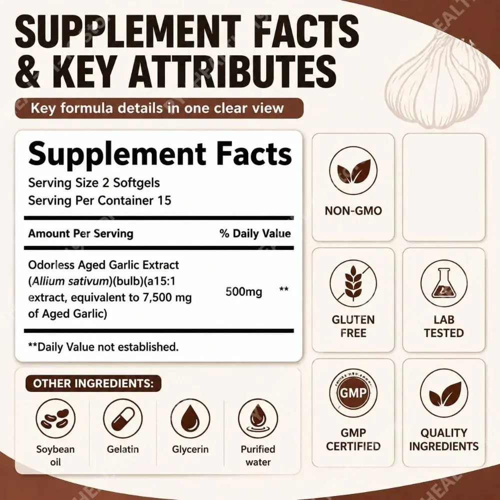 Extrait d'ail vieilli sans odeur, gélules, équivalent à 7500 mg, fermenté sur 24 mois, pour le soutien immunitaire, cardio-métabolique, adulte, 30 unités — image 3