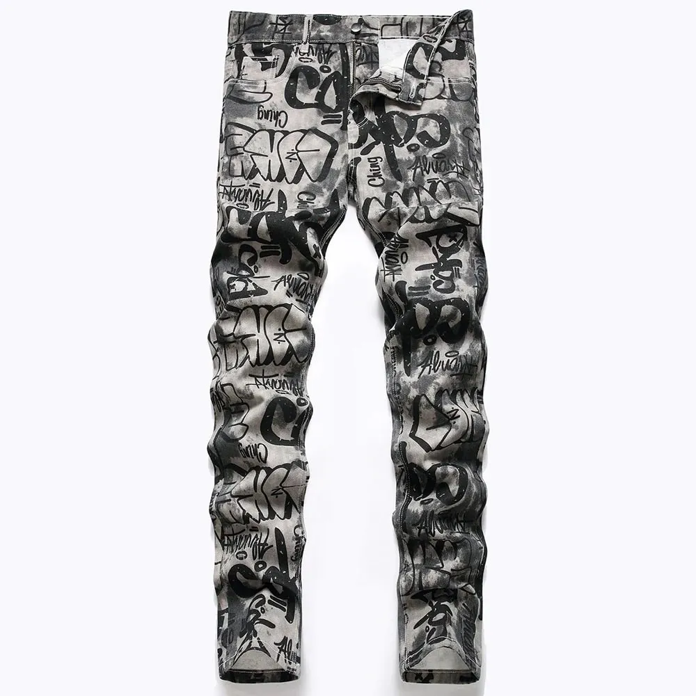 Men Graffiti Print Jeans Fashion Painted Stretch Cotton Denim Pants Slim Straight Trousers