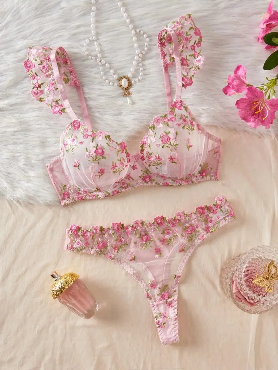 1 Set Romantic Rose Flower Embroidery Lingerie Set Ruffle Strap Sheer Mesh Bra Thong Set