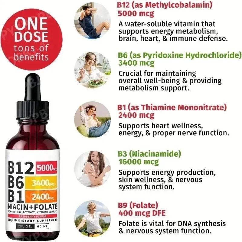 Vitamin-B12-Flüssigkeitstropfen, 60 ml, Himbeergeschmack, mit Vitamin B6+B1 usw. Multivitamin unterstützt die Energierückgewinnung und die Gesundheit des Gehirns und des Herzens — image 4