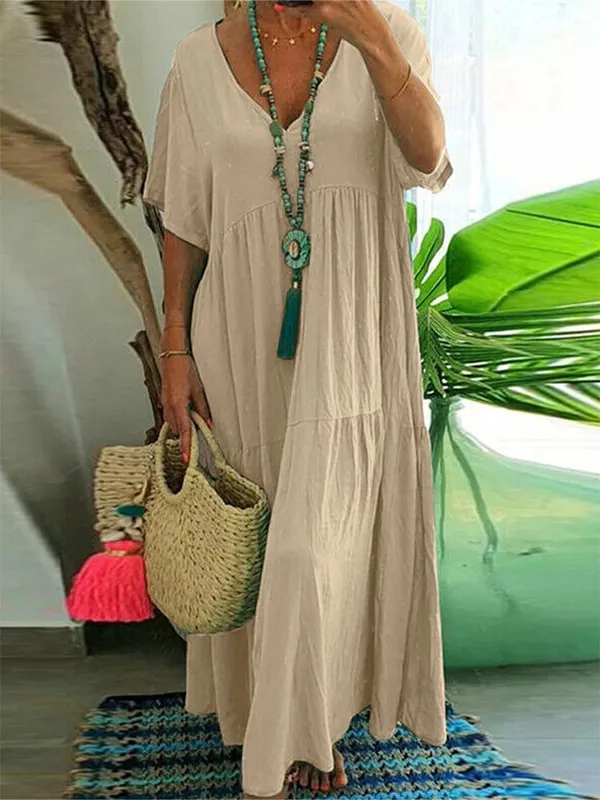 plus Size Women's Casual Loose V-Neck Solid Long Dress Spring Summer Pleated Big Size Women's Dress — image 6