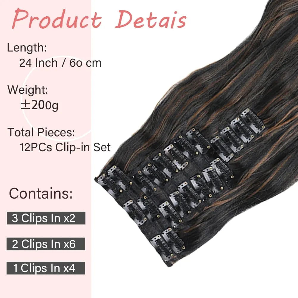 12pcs Highlight Balayage Dark Brown Hairpieces Clip in Hair Extensions 24inch Light Brown&Honey Blonde Synthetic Wavy Hair — image 3