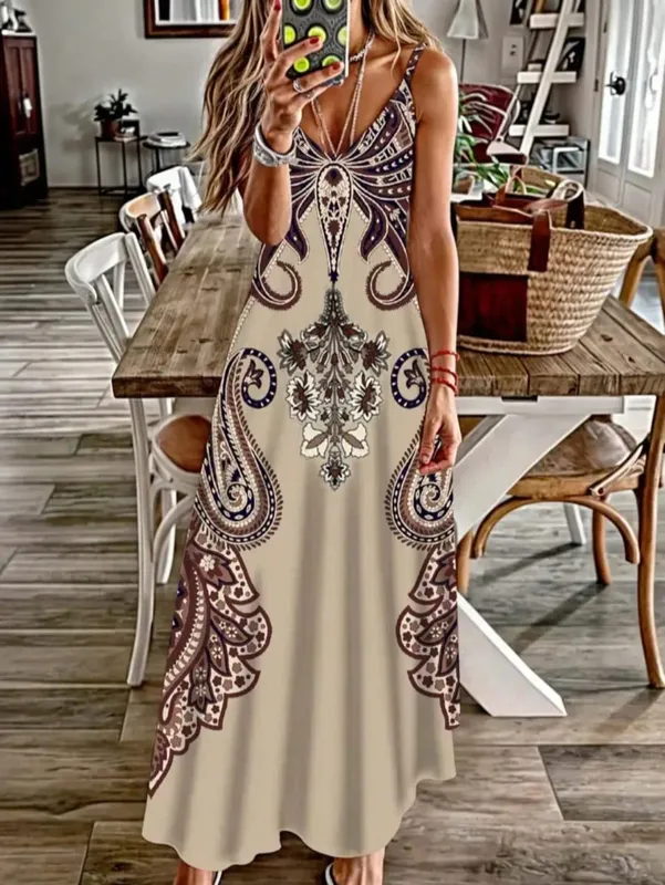 2024 Cross border New Flower Printed V-neck Strap Dress with Exotic Bohemian Vacation Style Elegant Long Style — image 2