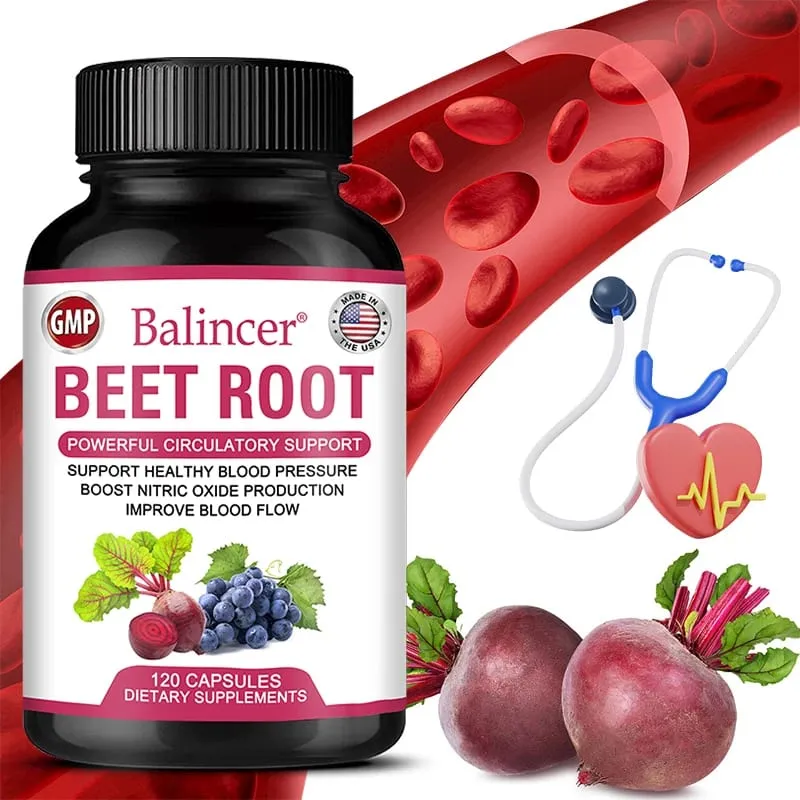 Beetroot Capsules Organic Beetroot Powder Extract + Black Pepper Nitric Oxide Production Blood Circulation Blood Pressure Health — image 1