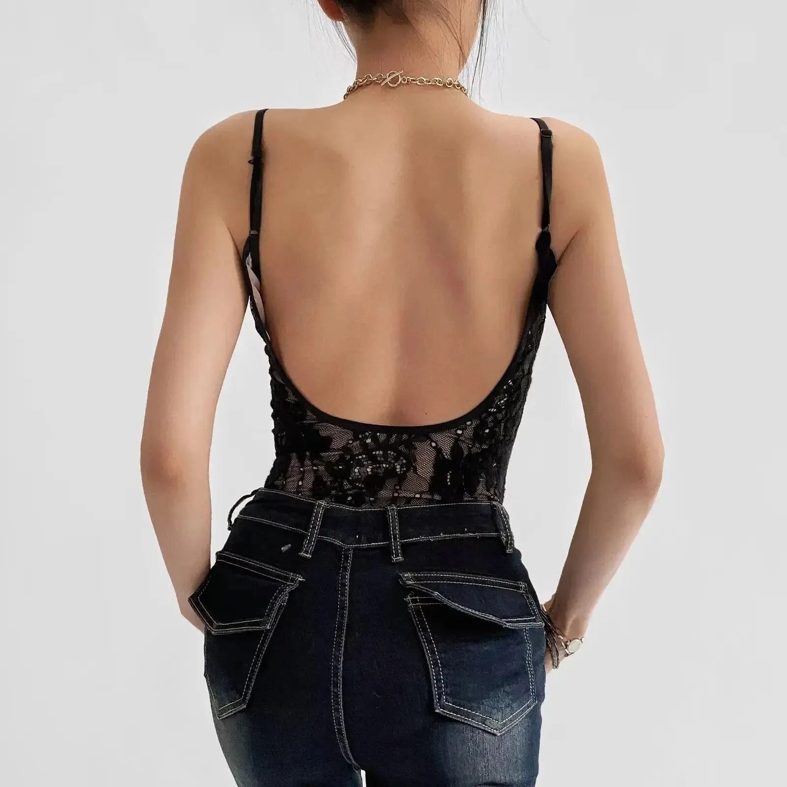 Sexy See Through Lace With Lining Backless Spaghetti Strap Bodysuit Woman Sling Tight Short Jumpsuit Slim Fit Rompers Playsuits — image 4