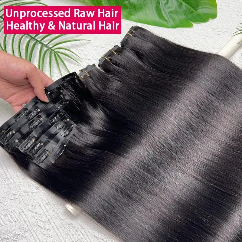 Invisible Seamless Clip Ins Bone Straight Human Hair Unprocessed Raw Hair PU Weft Extensions Full Head 7Pcs/Set Clip on Hair — image 5