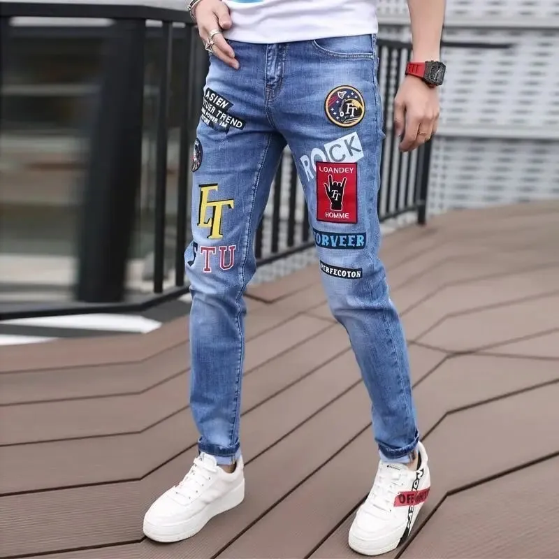 Trendy Brand Letter Printing Pattern Embroidered Jeans Men's Korean Graffiti Slim-fitting Small Feet Versatile Casual Trousers — image 4