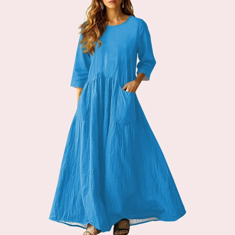Women's Summer Loose Long Dresses Solid Color Three-quarter Sleeve Double Pocket Dress Loose Round Neck Linen Dress Vestidos — image 9