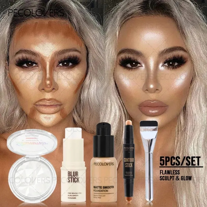 5PCS Face Set Foundation+repair Stick+base Bar Before Makeup+highlight+makeup Brush Waterproof Full Set of Face Cosmetics