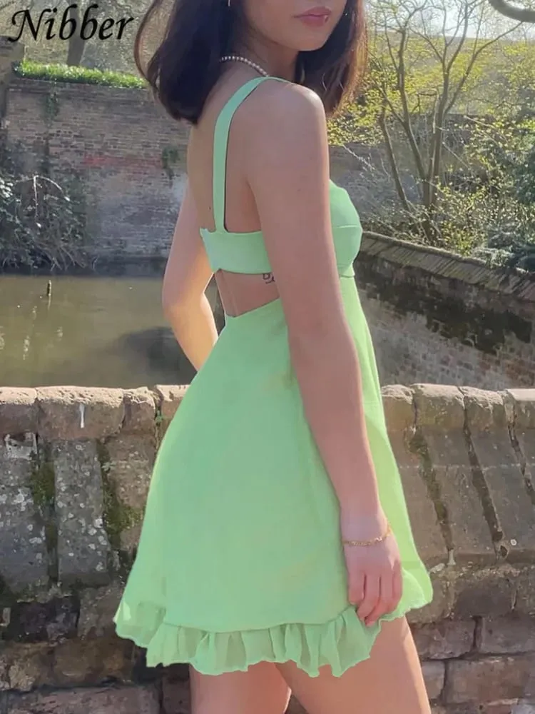 Nibber Vestidos Elegantes Para Mujer מגזרת צבע אחיד שמלת סליים דקיקה שמלת סלסול סקסית ללא גב לנשים2023 — image 6