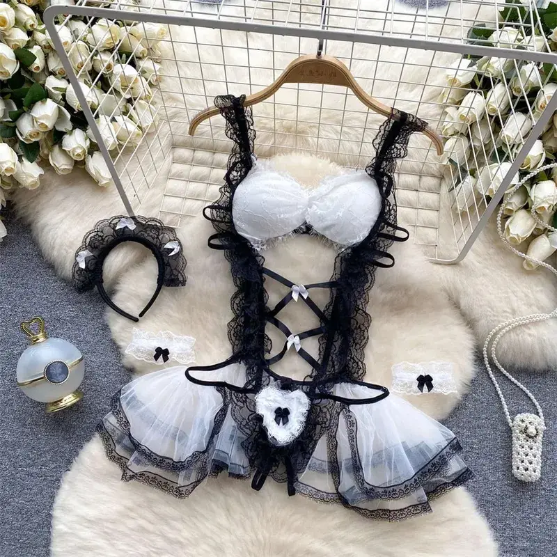 Women' Halter Neck Sleeveless Playsuit Sexy Cute Cow Black And White Contrast Bodysuit Hollow Lace Up Backless Erotic Lingerie — image 33