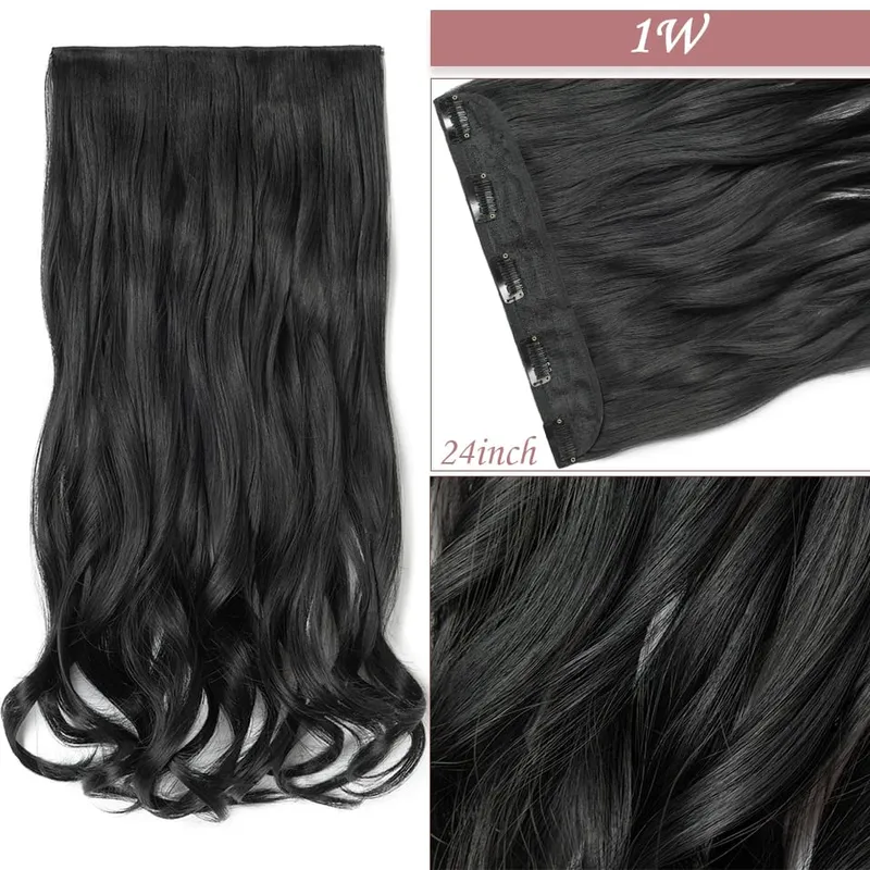 S-nolilite 24-26'' Synthetic Long Straight 5 Clip In One Piece Hair Extensions Fake Hair Wavy Hairpiece For Women Heat Resistant