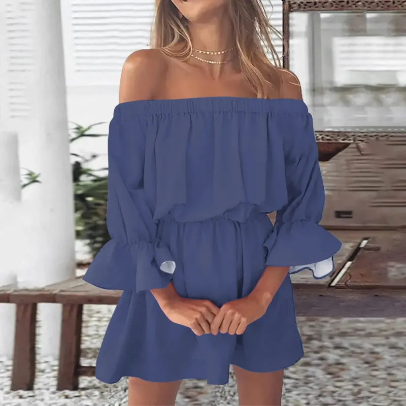 Sexy Off Shoulder Tunic Dress Women Solid Color Flare Sleeve Elastic Waisted Short Dresses Streetwear Midi Dress Ropa De Mujer