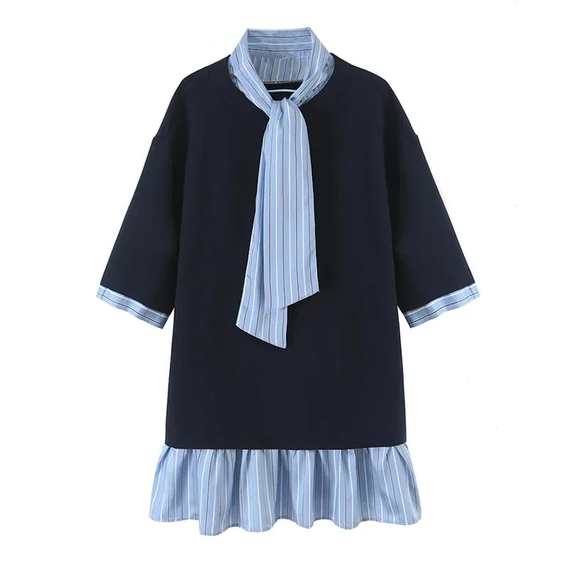 Ladies Contrast Stripe Spliced Casual Short Dress Bow Tie Neck Half Sleeve Ruffled Hem Loose Fit Commuter Dresses — image 1