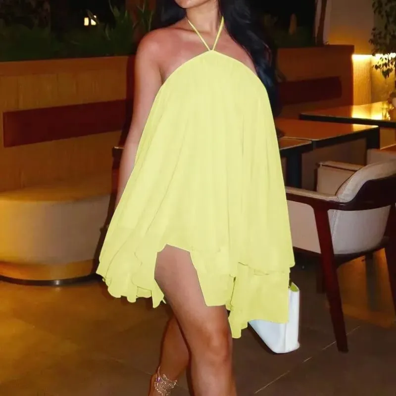 Elegant Halter Ruffles Short Dress Women Loose Solid Strapless Sleeveless Backless Dresses 2026 Spring Lady Beach Vacation Robes — image 9