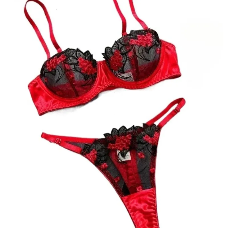 2-piece women's black comfortable lightweight semi transparent lingerie set Fancy Lingerie Floral Lace Bra Set Luxury Underwear — image 2