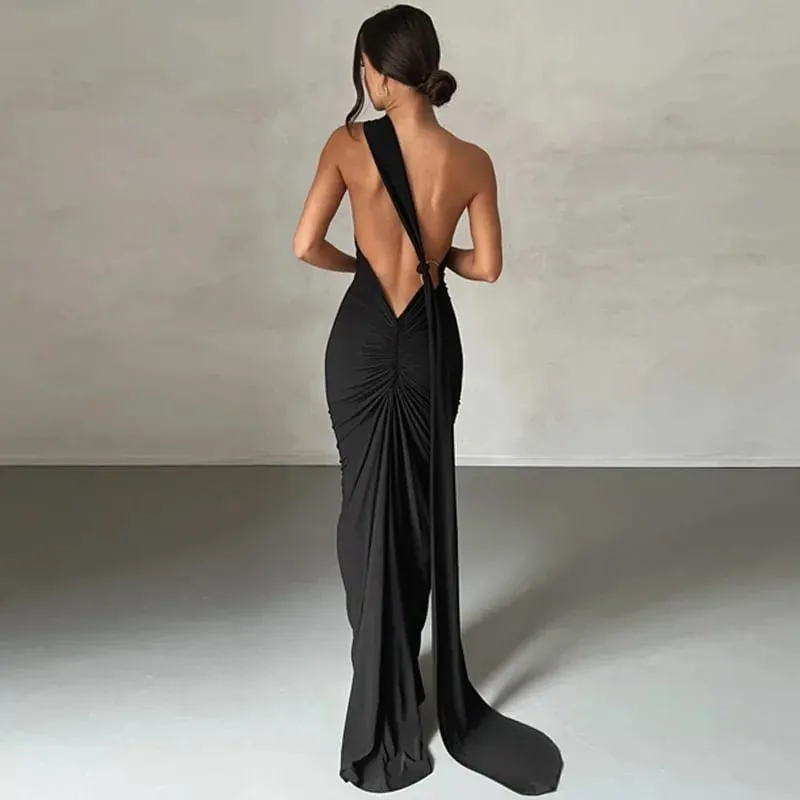 Kvinnor ärmlös maxiklänning med en axel, justerbar halsduk Loop Ruched Backless Bodycon Festival Festoutfit Elegant långklänning — image 6