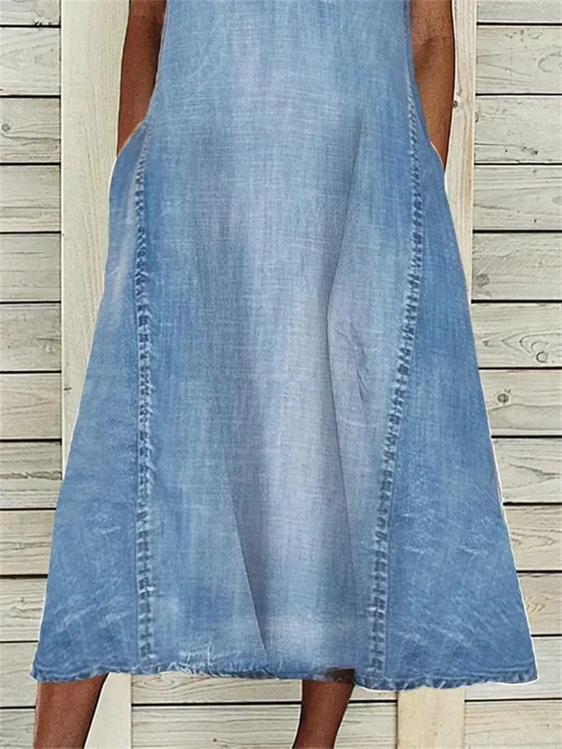 Women Side Double Pocket Deep V Neck Pullover Dress Thin Denim Sleeveless Dresses 2024 Summer Casual Female Office Commuter Gown — image 3