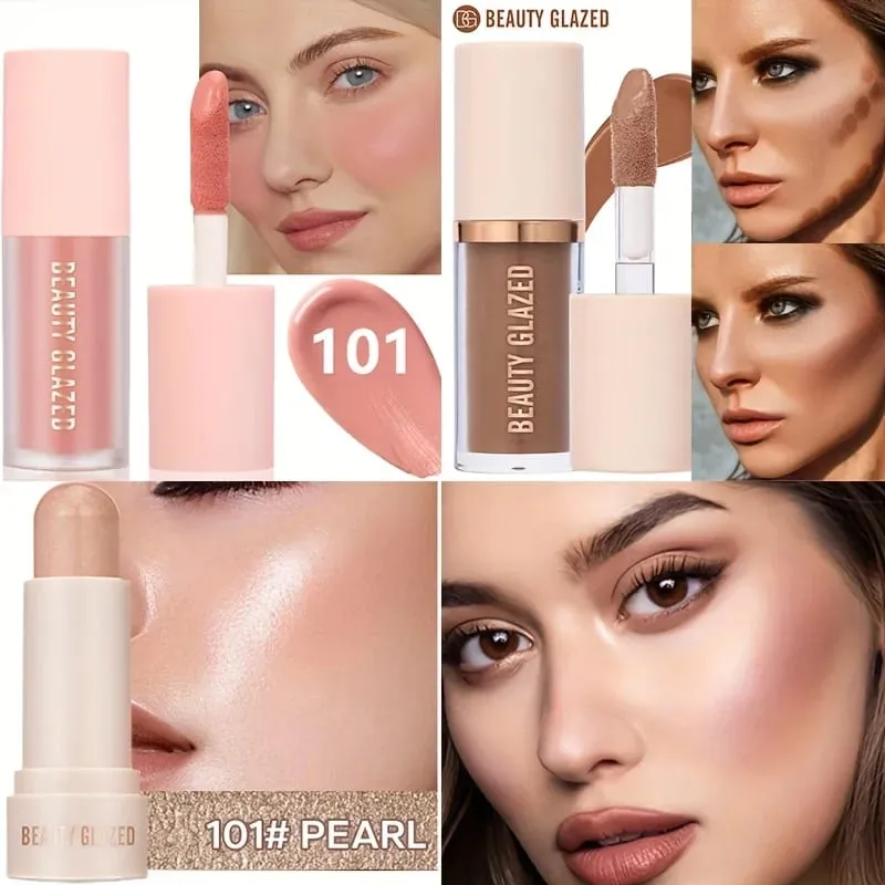 3pcs Face Highly Pigmented Liquid Contour Makeup Set Long Lasting Natural Contour Contouring Bronzer (Contour+Blush+Highlighter)
