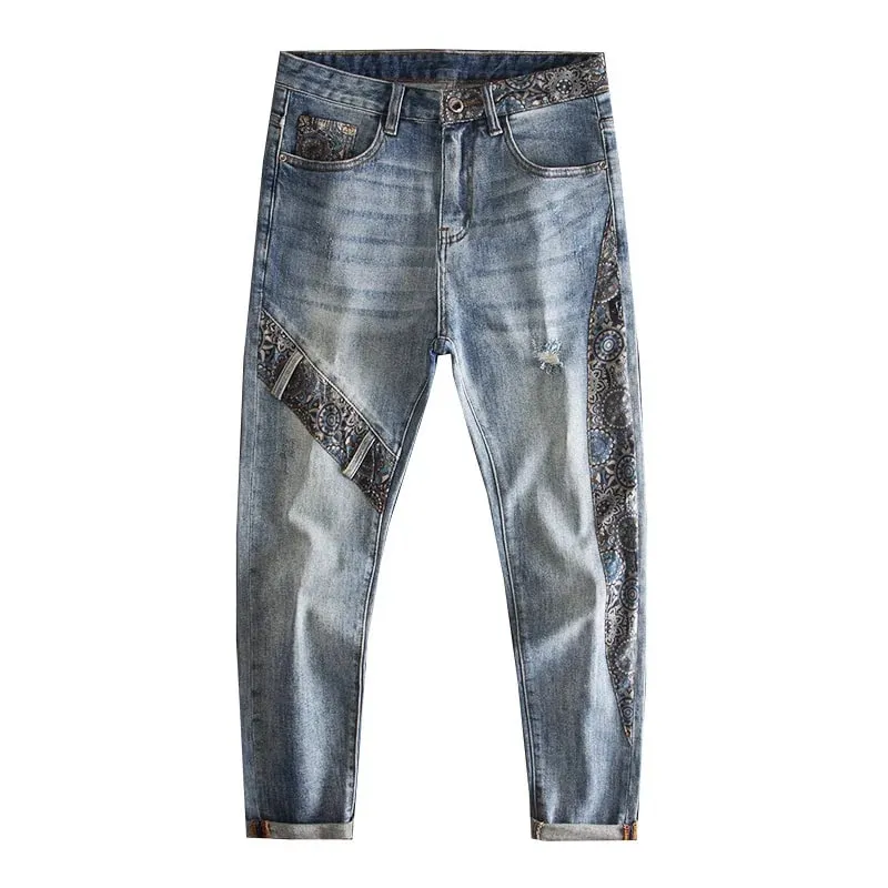 Vintage Patchwork Men's Jeans with Rips Fashionable Print Unique Trendy High-end Slim Fit Skinny Pants — image 5