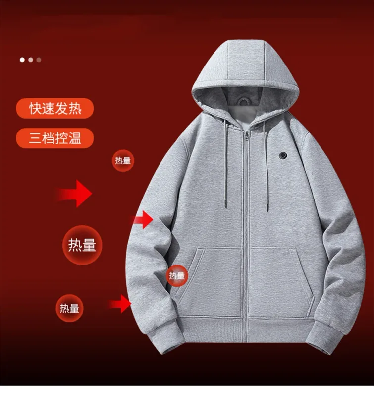 USB chauffage sweat à capuche pour homme hiver électrique vestes à capuche chauffantes veste à capuche avec fermeture éclair infrarouge 5 zones de chauffage veste noir gris