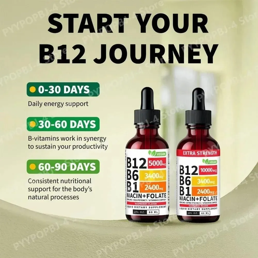Vitamin B12 B6 tekuté kapky 60 ml B komplex s B1 Niacin Folate Malina Veganský denní wellness doplněk 40 porcí Dospělí — image 5