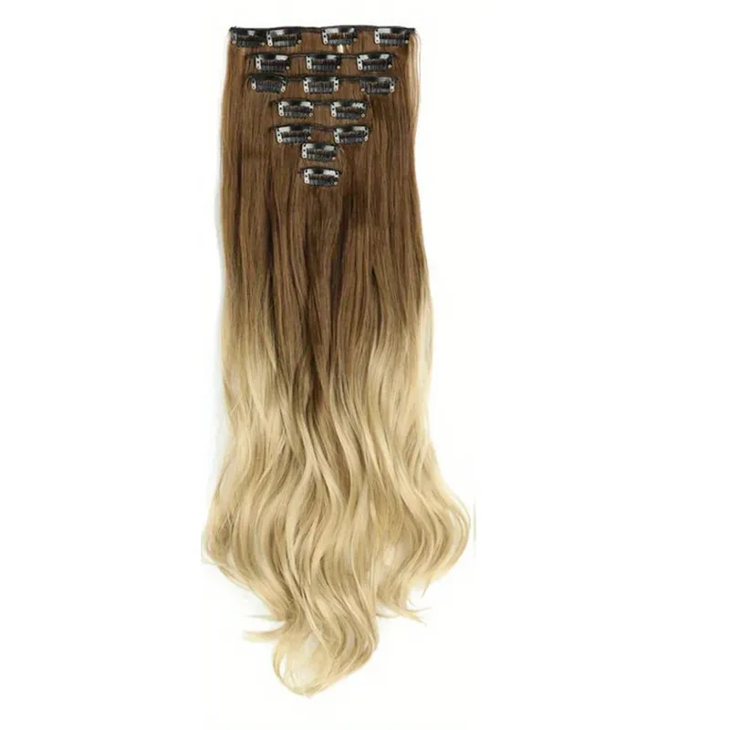 Clip in Hair Extensions Ombre Color Synthetic 7pcs Set Wavy Curly Hairpieces Black to Purple For Women Girls — image 12