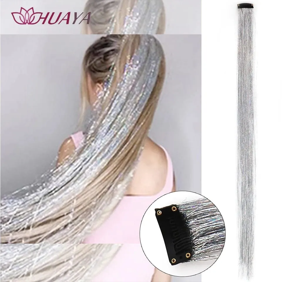 Synthetic Multicolor Colorful Sparkle Clip in Hair Tinsel Strands Long Straight Hair Extensions Blue Silver Highlight Hairpieces