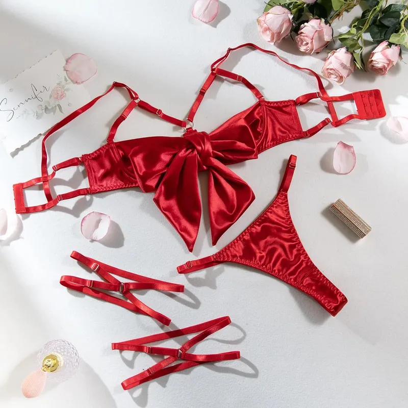 Sexy Solid Stain Lingerie Set Women's Hollow Out Bow Lace Up Exotic Apparel Suit Pure Desire Style Uniform Underwear Bra & Brief — image 11