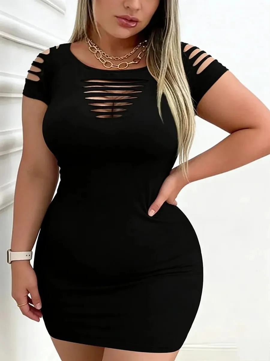 Plus Size Slim Fit Mini Dress for Women with Hollow Short Sleeved Elastic Slim Fit Solid Color Sexy Fashionable Party Date Dress — image 2