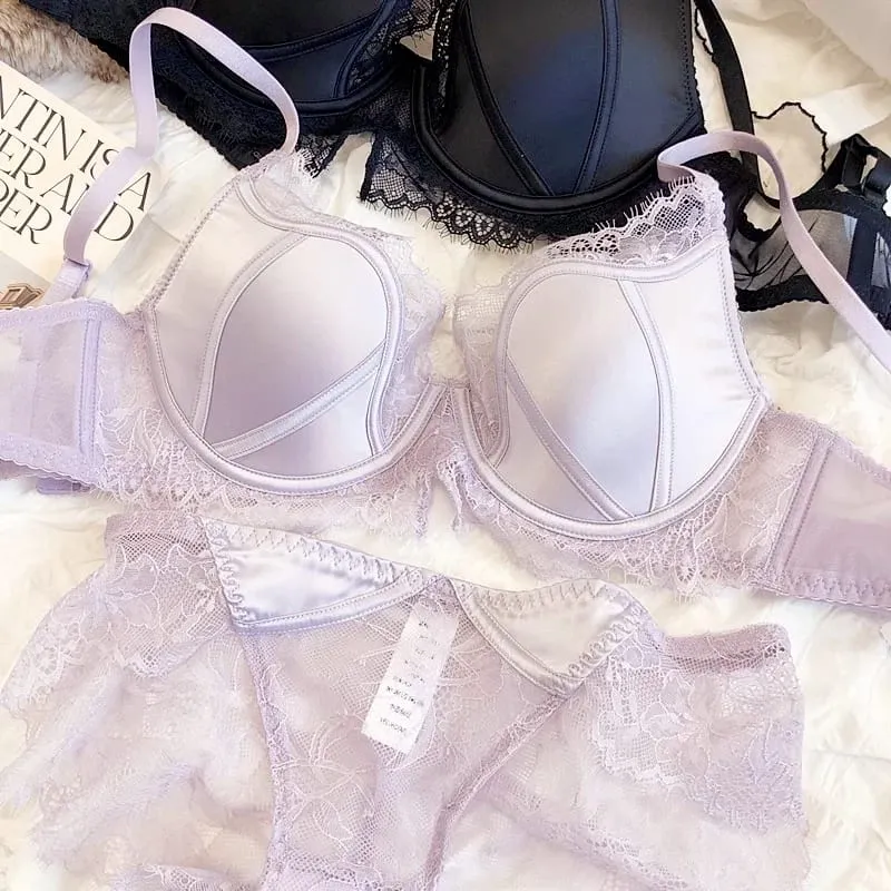 Sweet Little Fresh Deep-V tenké spodní prádlo s krajkou pro ženy, sexy set podprsenky s velkou velikostí BC, spodní prádlo push up se spodničkami