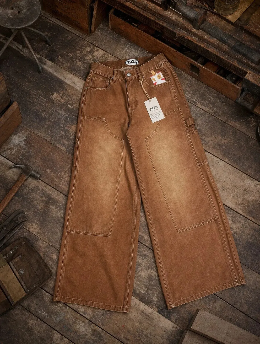 Jeans Brown Carpenter Lelaki Wanita Poket Berat Sulaman Lebar Kaki Perincian Streetwear Seluar Fesyen Kasual Longgar Sesuai Lembut Y2K — image 2