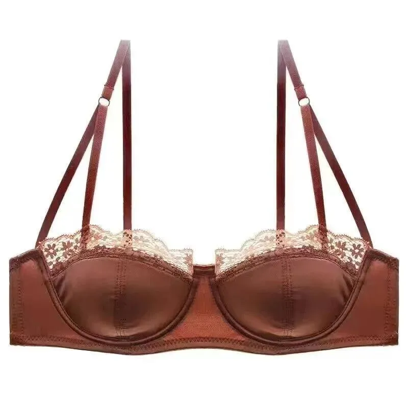 Europäisch-amerikanisches sexy Satin-Halbschalen-Unterwäscheset mit bequemer oberer Stützung, dünn, mit glänzendem Stahlring und grünem Spitzenrand — image 6
