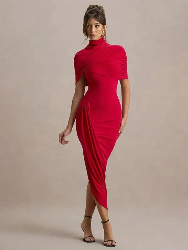 Irregular Pleated Ruched Maxi Dress Women's Backless Turtleneck Slim High Waist Robes Summer Lady Chic Street Vestidos 2025 New — image 9