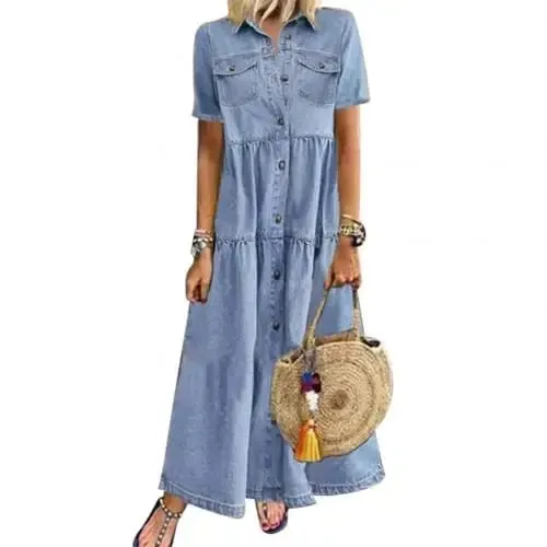 Retro Women Dresses 2022 Short Sleeve Turn Down Collar Pockets Button Long Loose Denim Dress Summer Long Dress — image 8