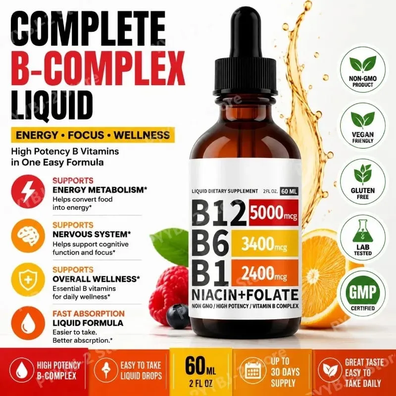 Vitamin-B12-Flüssigkeitstropfen, 60 ml, Himbeergeschmack, mit Vitamin B6+B1 usw. Multivitamin unterstützt die Energierückgewinnung und die Gesundheit des Gehirns und des Herzens — image 1