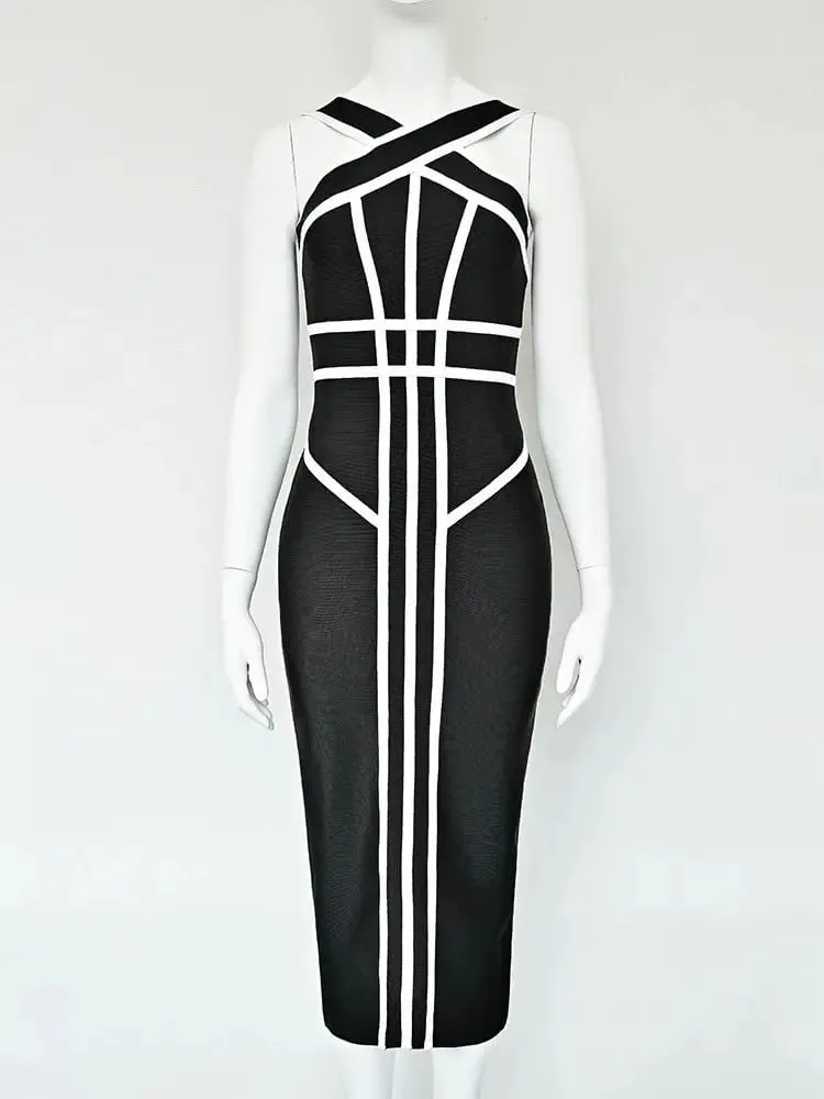 Classic White And Black Stripes Bandage Long Evening Dress Luxury Contrast Vintage Woman Bodycon Elastic Dress Slim Midi — image 4