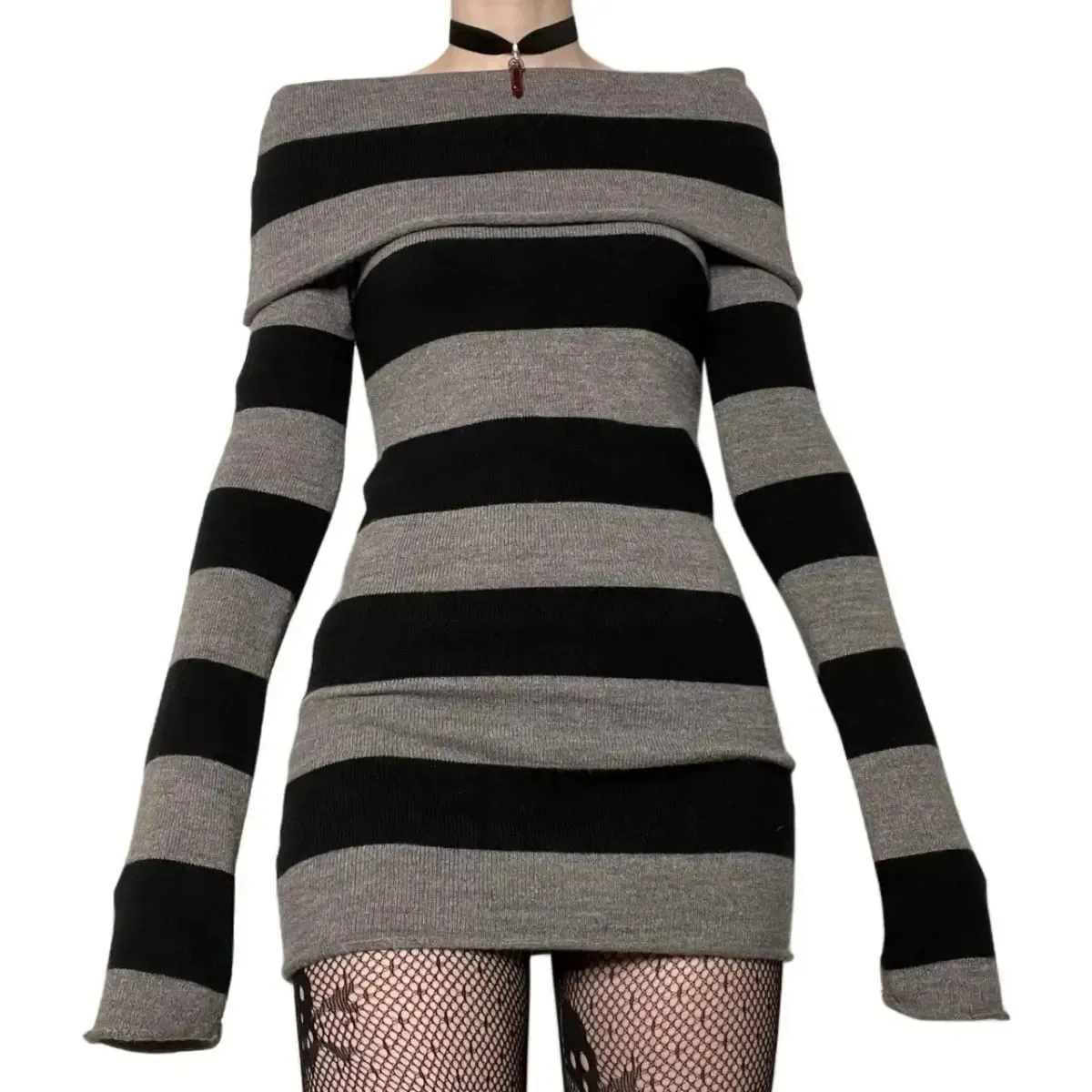Women Striped Mini Bodycon Dress Stripe Boat-Neck Off Shoulder Long Sleeve Short Dress Spring Autumn Wrapped Hip Party Dress — image 3