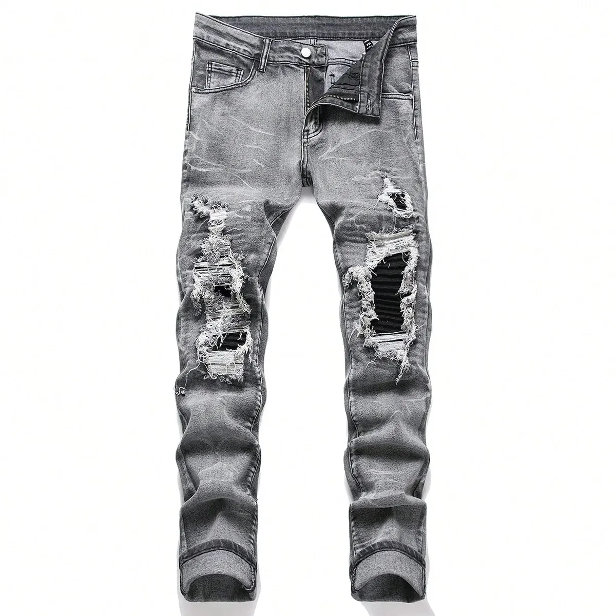 Men‘s Stretchy Denim Jeans Streetwear Tearing Patchwork Holes Ripped Denim Elastic Waist Casual Pants Slim fit Straight Trousers — image 8